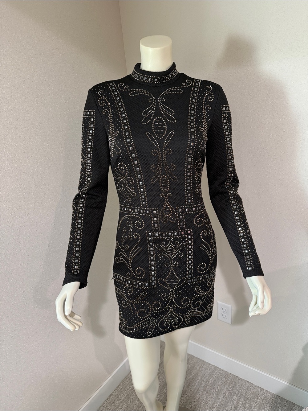 bebe Black Long-Sleeve Studded Bodycon Dress with Metallic Embellishment